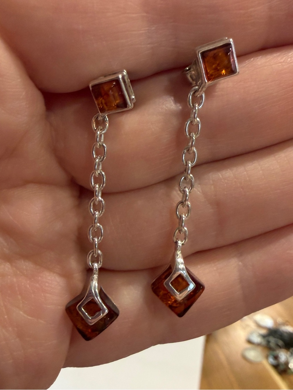 Sterling Silver Drop Earrings with Amber-Colored Gems